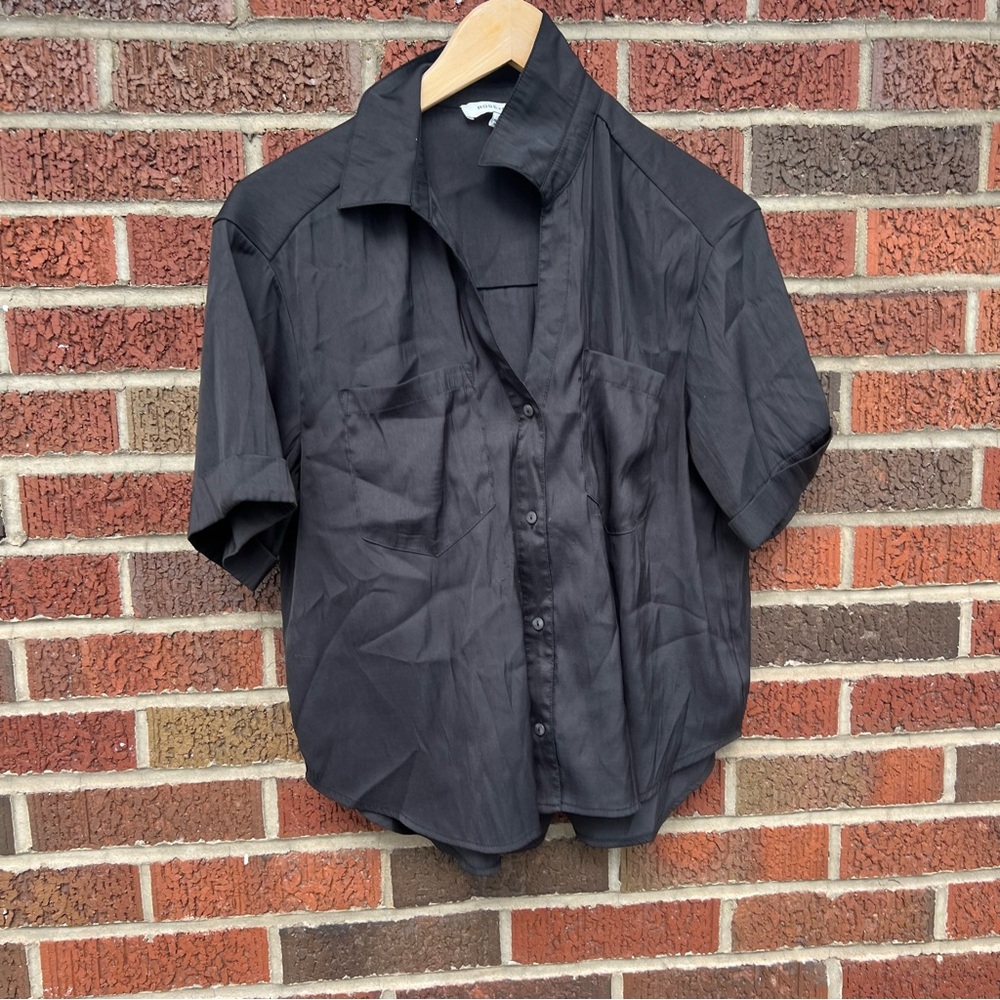 Rose + Olive Black Collared Button Down Short Sle… - image 2